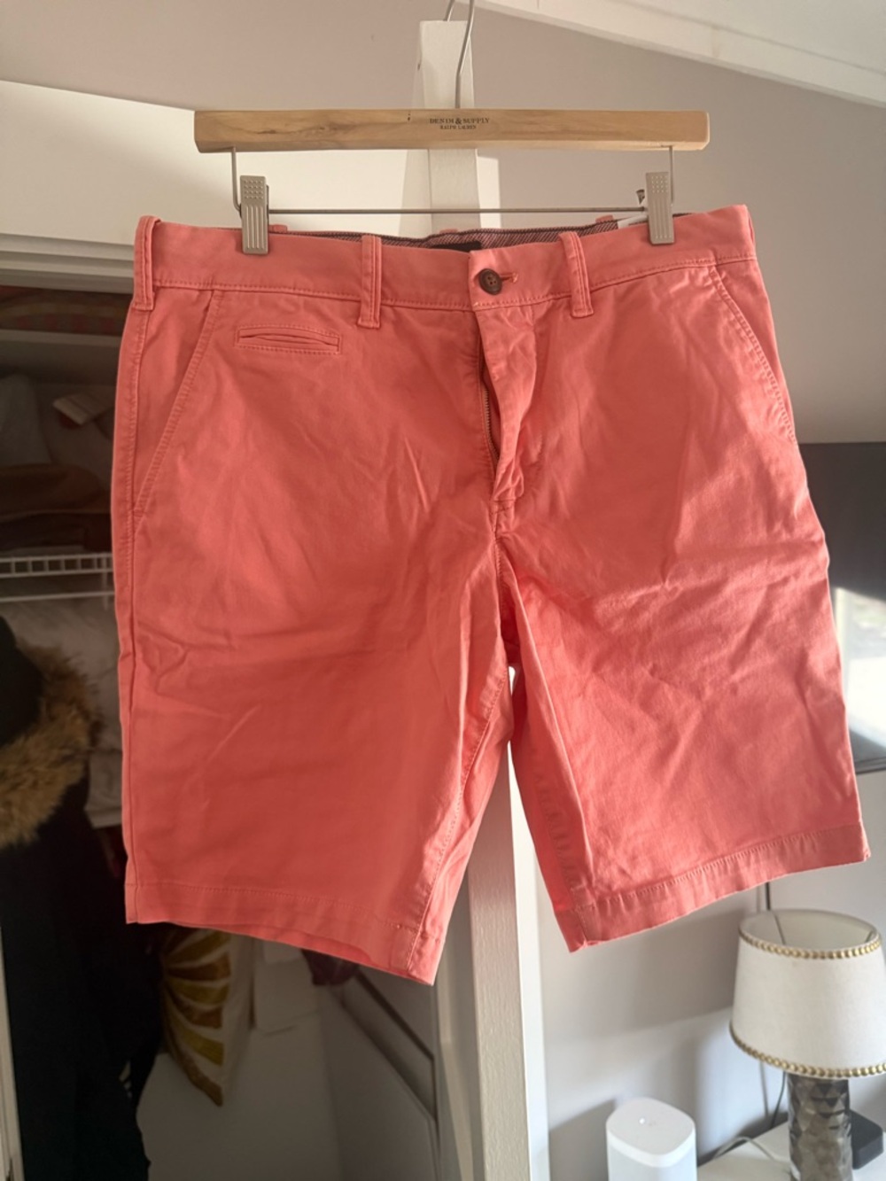 Express Men's Coral-Red Flat Front Chino Shorts